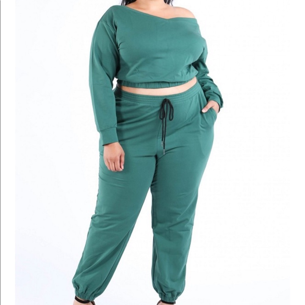 Jersey knit Casual off shoulder crop jogger set
